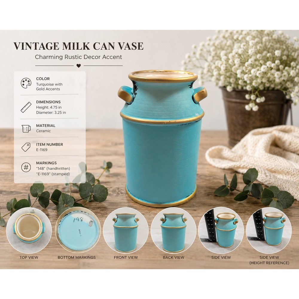Turquoise and Gold Ceramic Milk Can Vase Farmhouse Decor E-1169 5.5 inch‎